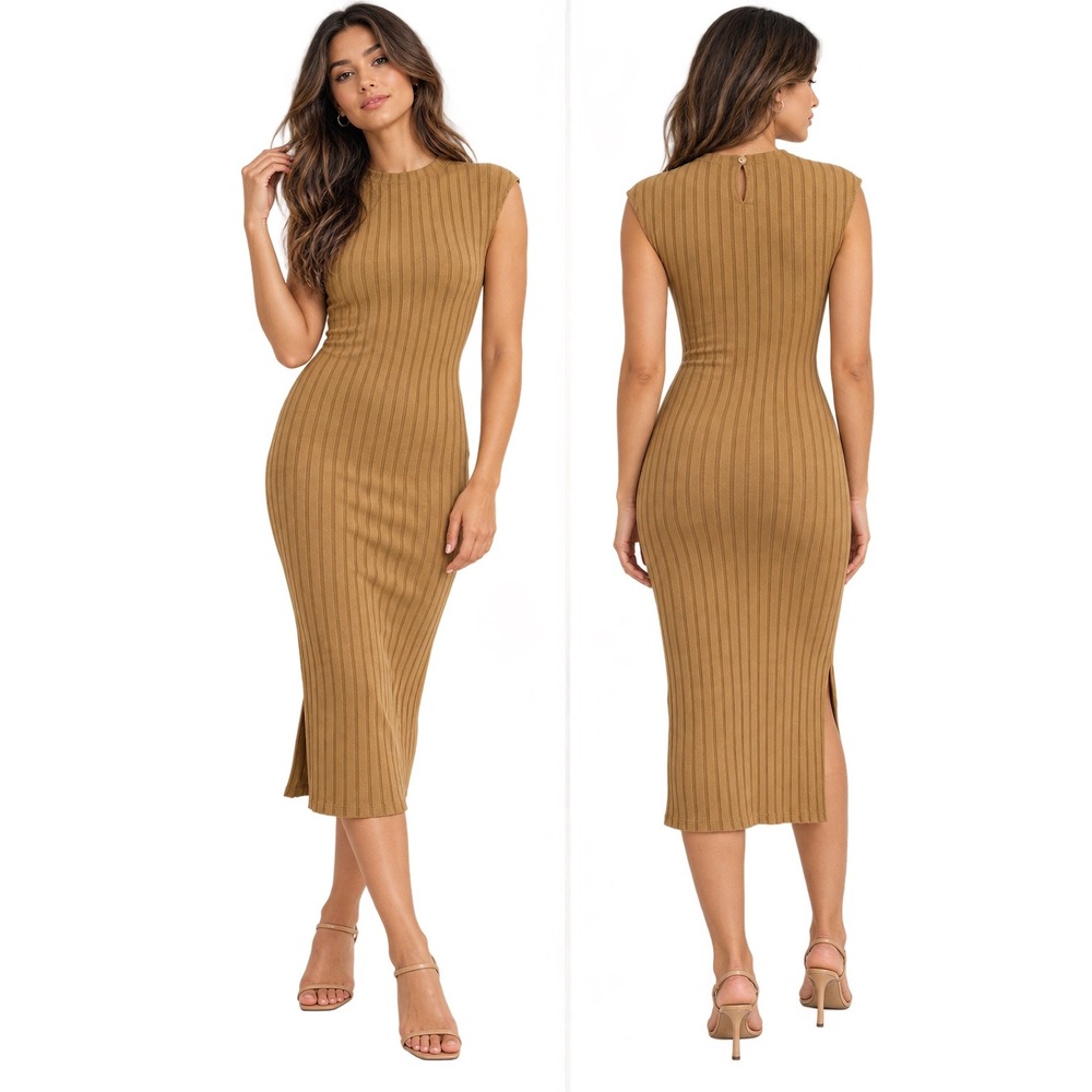 Reformation Womens Dress XS Brown Ribbed Midi Sleeveless Quiet Lux Bodycon Chic